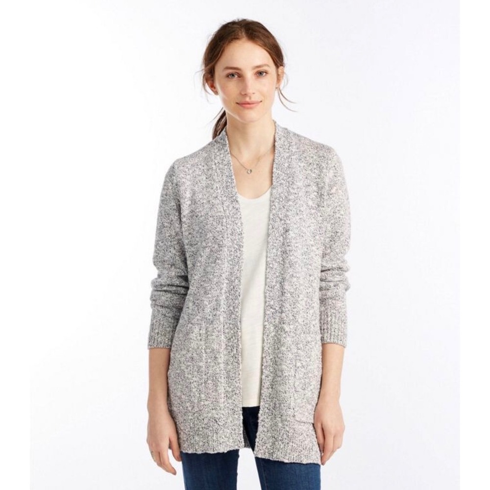 LL Bean Womens Small Gray Marled Open Front Long Cardigan Sweater Knit Pockets